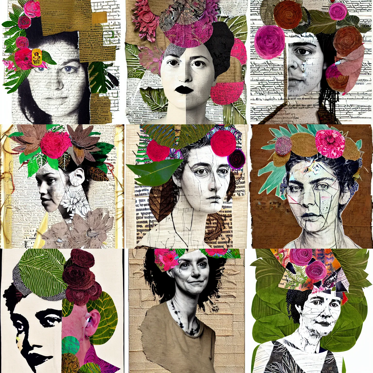 Prompt: collage, multiple layers, pen and wash portrait of a bold woman, rendered in blender decorative foliage around her head, woven linen as a texture, ripped handwritten letters, tape, mixed media, hyperrealism mixed with 2 d, high resolution, intricate floral details