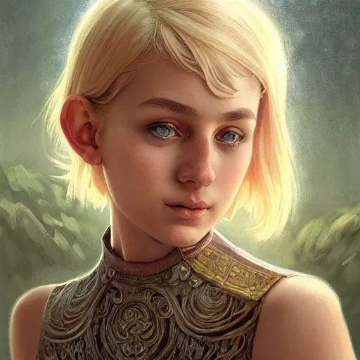 Image similar to an epic fantasy comic book style portrait painting of a young blonde girl with pixie haircut wearing plain tank top, confident, fantasy, intricate, elegant, highly detailed, digital painting, artstation, concept art, matte, sharp focus, illustration, art by artgerm and greg rutkowski and alphonse mucha