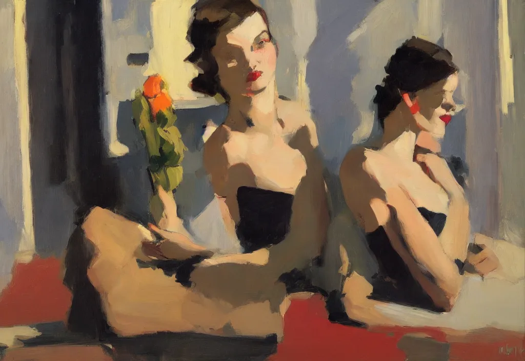 Image similar to artwork by malcolm liepke and edward hopper