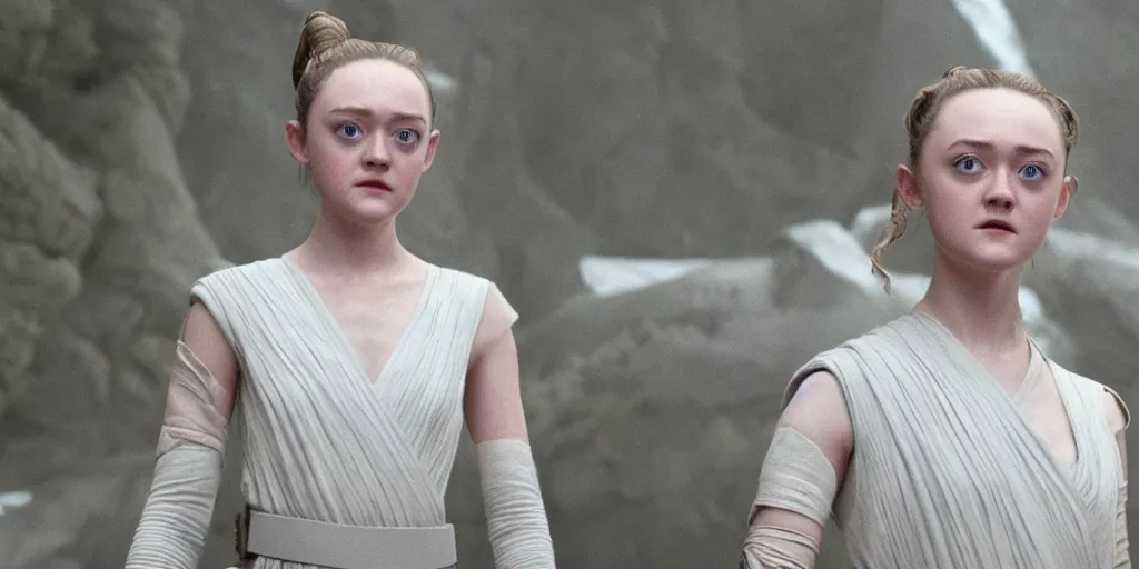 Image similar to Dakota Fanning as rey in the new star wars movie, cinematic, detailed, ultrawide