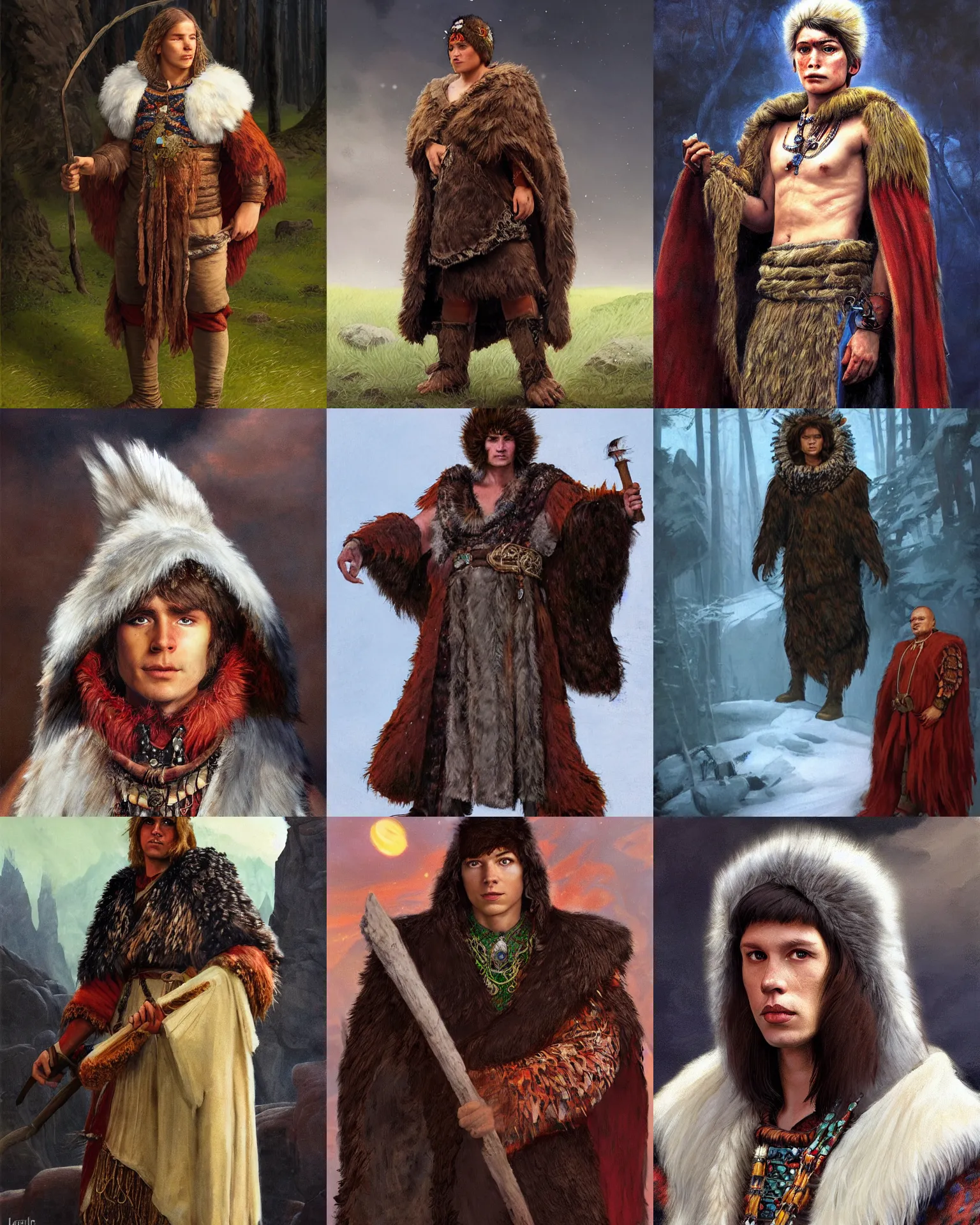 Prompt: Bjørn, a young male shaman wearing a bearskin cloak festooned with amulets, portrait, shaggy haircut, 8k resolution, full-length portrait, digital painting, fantasy illustration, D&D character art by larry elmore and greg rutkowski and frank frazetta.