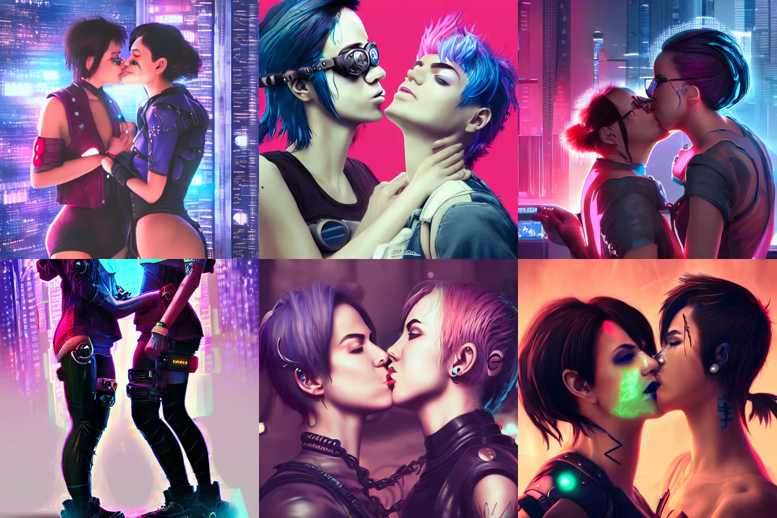 Image similar to cyberpunk lesbians kissing, 4k, trending on artstation