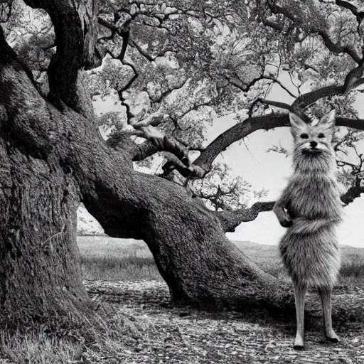 Image similar to realistic photograph of fantastic mr. fox standing under an old oak tree, wes anderson, ansel adams