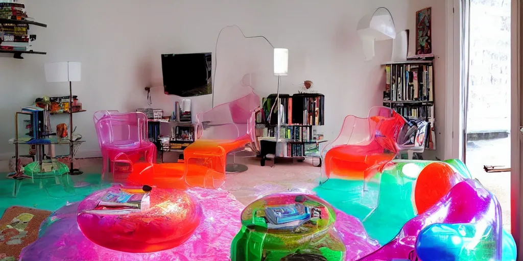 Image similar to a nostalgic room from the 90s with a transparent inflatable chair and lava lamp