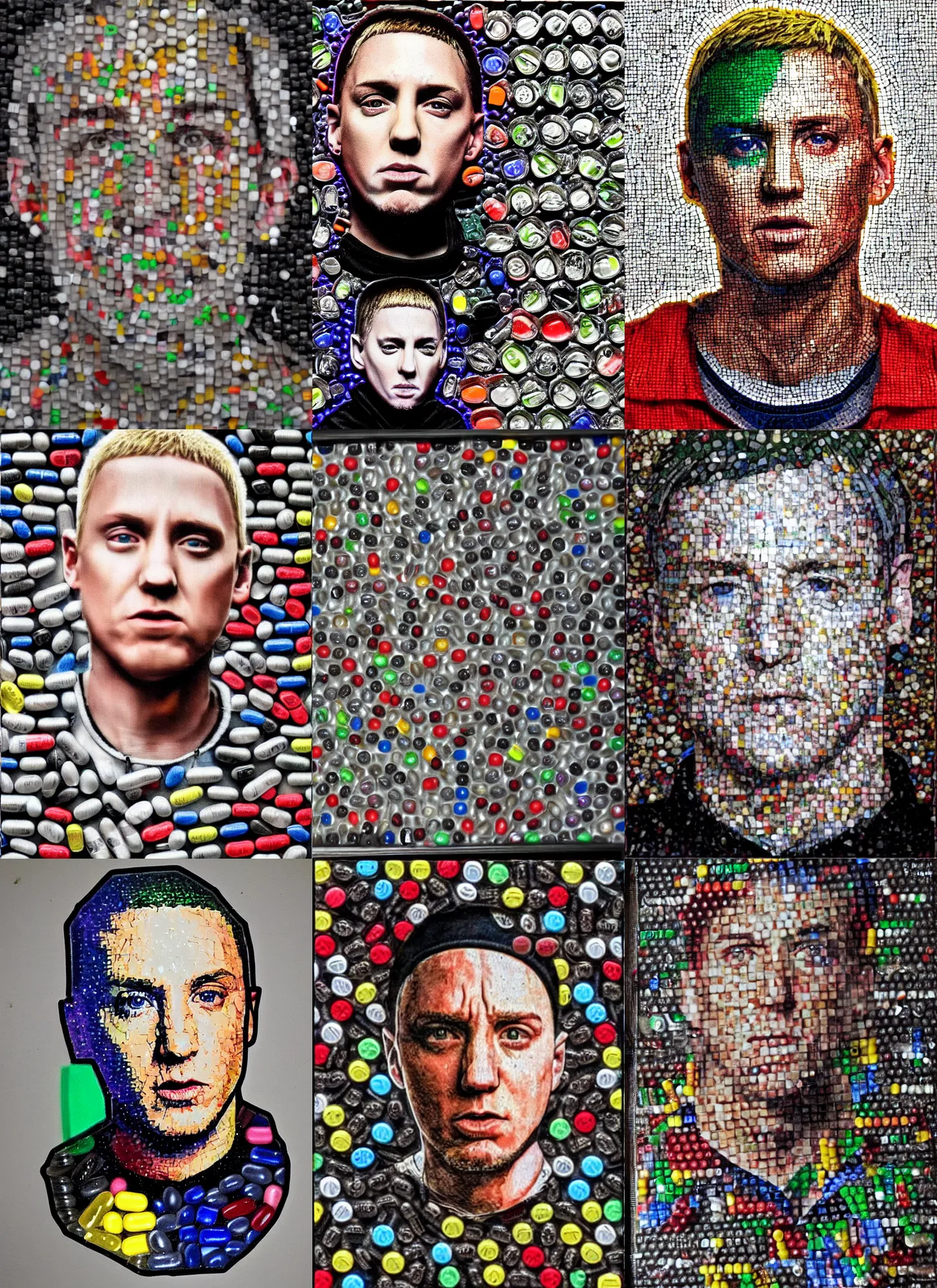 Prompt: mosaic of eminem made with pills, high quality