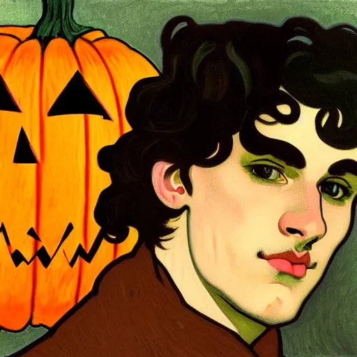 Image similar to painting of young cute handsome beautiful dark medium wavy hair man in his 2 0 s named shadow taehyung at the halloween pumpkin jack o'lantern party, melancholy, autumn colors, japan, elegant, clear, painting, stylized, delicate, soft facial features, delicate facial features, soft art, art by alphonse mucha, vincent van gogh, egon schiele