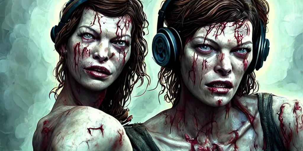 Image similar to cropped upper body photo : ( subject = luscious! milla jovovich! as a zombie wearing!! headphones!! + subject detail = futuristic, monster anatomy, dom qwek, john howe, highly detailed sculpture ) in the last of us, by stephen bliss, rhads, ferdinand knab, rossdraws, tom bagshaw, global illumination