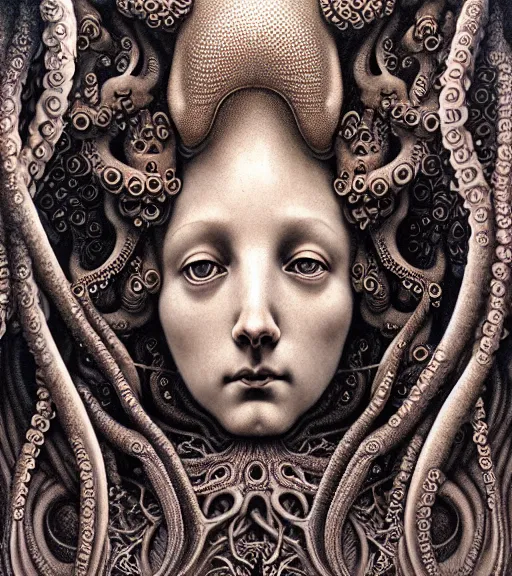 Image similar to detailed realistic beautiful octopus goddess face portrait by jean delville, gustave dore, iris van herpen and marco mazzoni, art forms of nature by ernst haeckel, art nouveau, symbolist, visionary, gothic, neo - gothic, pre - raphaelite, fractal lace, intricate alien botanicals, ai biodiversity, surreality, hyperdetailed ultrasharp octane render