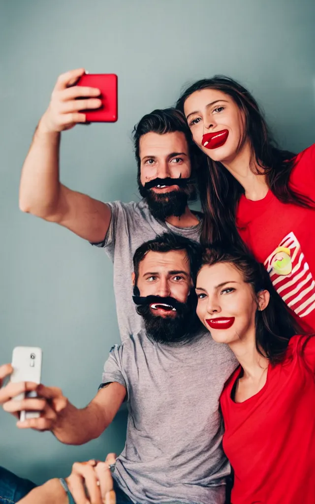 Prompt: Party at the apartment. A guy in a red t-shirt with a mustache and beard smiles in a selfie. Behind is a girl in a striped T-shirt. photo realistic 4k hd