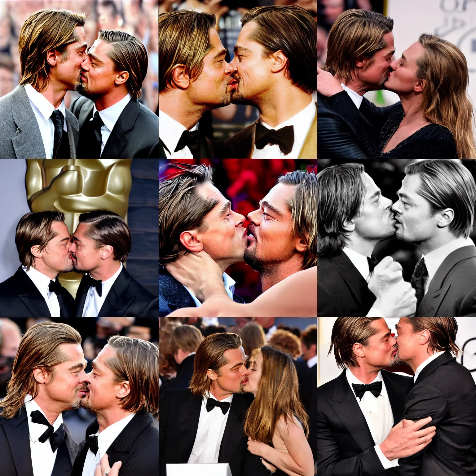 Prompt: a photograph of brad pitt and leonardo dicaprio kiss, highly detailed, realistic faces, 4k, hd, professional photograph
