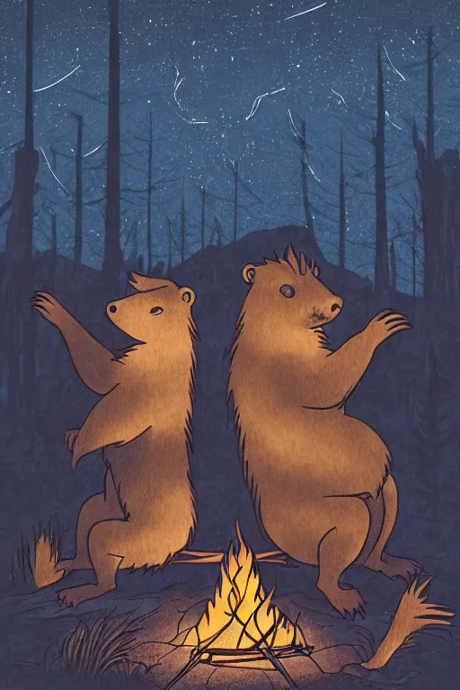 Image similar to an illustration of two evil beavers sitting next to a campfire in a dark forest at night, epid, digital drawing, beautiful, highly detailed, cinematic style, poster