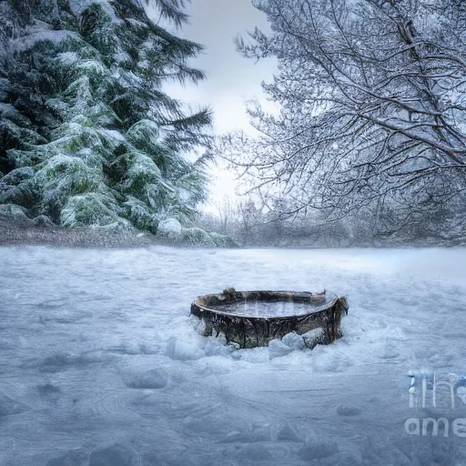 Prompt: Ice dragon in a snowy forest resting besides a pond, photograph, 4k,