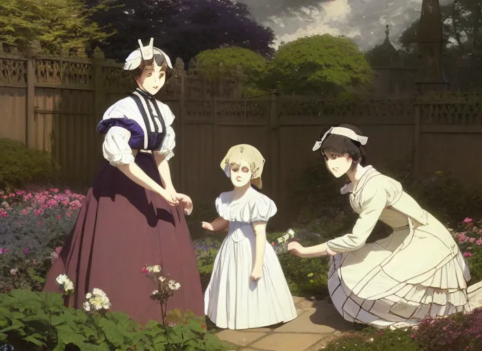 Prompt: victorian britain, william and fanny nightingale playing with young florence nightingale in the garden, english victorian manor and garden, vibrant bedding plant displays in island beds centrally placed in lawns, late summer light, finely detailed perfect art, gapmoe yandere grimdark, trending on pixiv fanbox, painted by greg rutkowski makoto shinkai takashi takeuchi studio ghibli