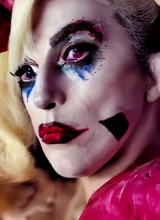 Image similar to portrait of Lady Gaga portraying a realistic Harley Quinn with little makeup in the movie Joker 2023, dramatic cinematic lighting, extremely detailed facial features, award winning photograph by Annie Leibovitz, 8k