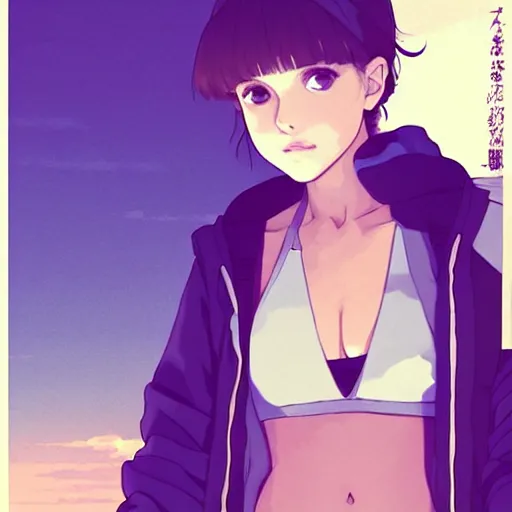 Image similar to a beautiful! boyish! natalie portman alluring gravure! model, wearing oversized aztec bomber jacket and leotard, poofy bomber jacket with mayan patterns, gapmoe yandere grimdark, trending on pixiv fanbox, painted by greg rutkowski makoto shinkai takashi takeuchi studio ghibli, akihiko yoshida