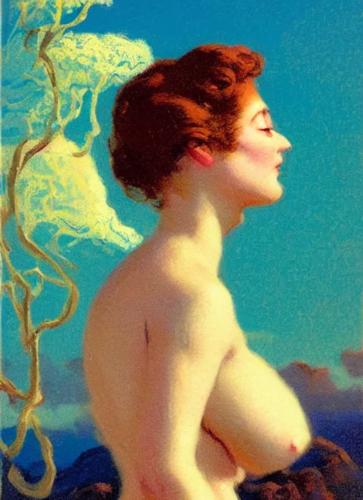 Prompt: an extreme close - up portrait of a lady in a scenic representation of mother nature and the meaning of life by billy childish, thick visible brush strokes, figure painting by delphin enjolras and by beal gifford, vintage postcard illustration, minimalist cover art by mitchell hooks