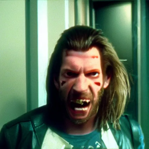 Prompt: a vhs still portrait of aphex twin breaking into the office from a gritty cyberpunk 2 0 0 0 s james cameron movie about the punisher. realism, cinematic lighting, 4 k. 8 mm. grainy. panavision.