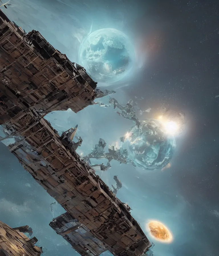 Image similar to a beautiful hyper realistic 3d render of a derelict cargo ship escaping a horde of shadow beasts on a magnificent planet, hyperspace, by Ian Millerbrom, Maxwell Boas, John Harris, unreal engine, octane render, brilliantly colored, ultra wide angle, trending on artstation, HDR, polished, ray tracing, 8k