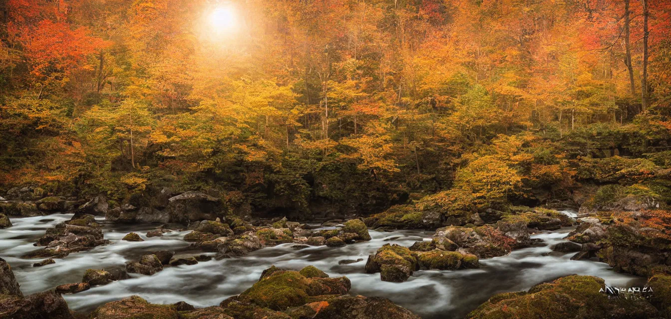 Image similar to sparse stone cottages underneath a dense tall forest, with pristine reflex from cascading ponds. gorgeous, elegant, sophisticated, an ultrafine painting, intricate brush strokes, bright depth oil colors, photography by araken alcantara. intense promiseful happiness, autumn sunrise warm light, detailed and intricate environment. hopeful. bodyscapes