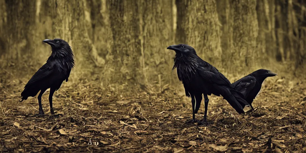 Image similar to mixture between an!! crow and! wolf, photograph captured in a dark forest