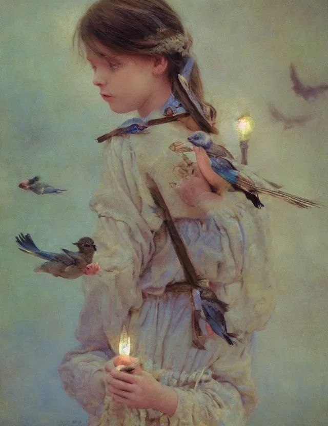 Image similar to portrait of little peasant girl setting free a bird, cottage core, cinematic focus, polaroid photo bleached vintage pastel colors high - key lighting, soft lights, foggy, by steve hanks, by lisa yuskavage, by serov valentin, by tarkovsky, 8 detailed, oil on canvas