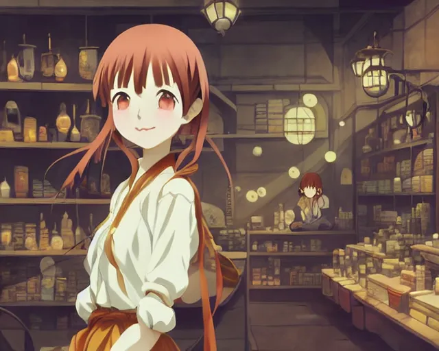 Image similar to anime visual, portrait of a young female traveler in a alchemist's shop interior, cute face by yoh yoshinari, katsura masakazu, studio lighting, dynamic pose, dynamic perspective, strong silhouette, anime cels, ilya kuvshinov, cel shaded, crisp and sharp, rounded eyes, moody