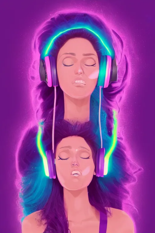 Image similar to a award winning half body portrait of a beautiful woman with stunning eyes in a croptop and cargo pants with ombre purple pink teal hairstyle dancing with headphones on her ears by thomas danthony, surrounded by whirling illuminated lines, outrun, vaporware, shaded flat illustration, digital art, trending on artstation, highly detailed, fine detail, intricate