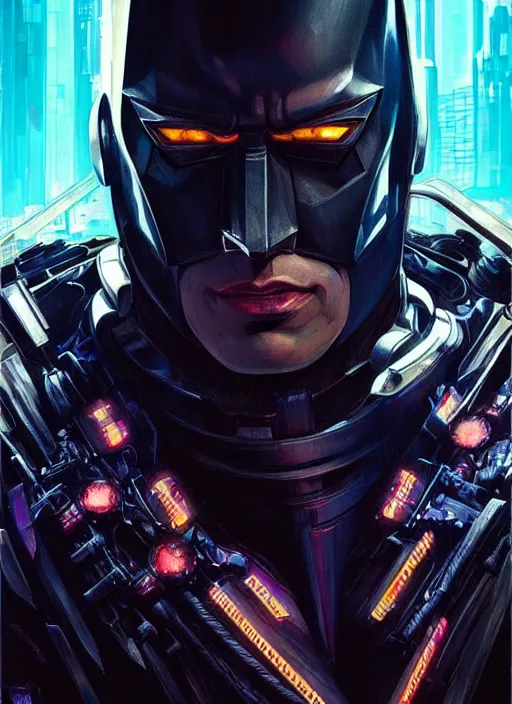 Prompt: portrait of the dark knight as a character in Cyberpunk 2077, looking at camera, intricate, dystopian, sci-fi, extremely detailed, digital painting, artstation, concept art, smooth, sharp focus, illustration, intimidating lighting, incredible art by artgerm and greg rutkowski and alphonse mucha and simon stalenhag