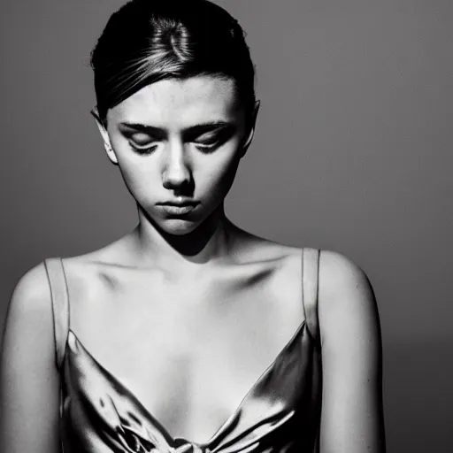 Image similar to dramtically lit, high quality studio photo of a girl who looks like 16-year old Audrey Hepburn and Scarlett Johansson, with parted lips and stunning, anxious eyes, wearing a silver satin gown, by Steve McCurry