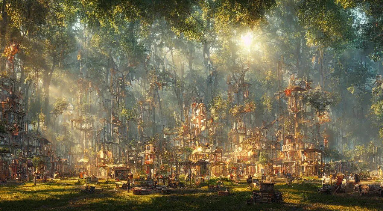 Prompt: a steampunk village in a forest on a summers day, suns rays, giant trees, junk everywhere, neon signs, magical atmosphere, mist, photo realistic, octane render, 8k, guido borelli da caluso