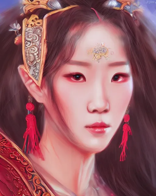 Image similar to portrait of taeyeon as diao chan from romance of three kingdoms in the paintetly style of WLOP, artgerm, brush stroke oil painting, imagine fx, artstation