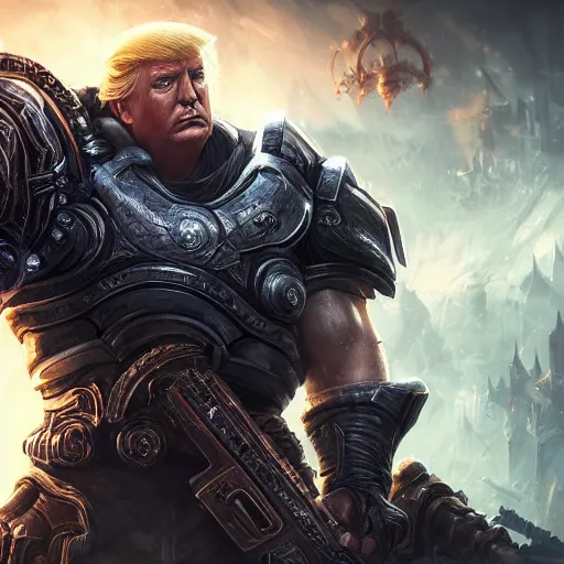 Image similar to Portrait of Trump, League of Legends amazing splashscreen artwork, Gears of War, splash art,natural light, elegant, intricate, fantasy, detailed face, atmospheric lighting, by Greg rutkowski, league of legends splash art, hd wallpaper, ultra high details