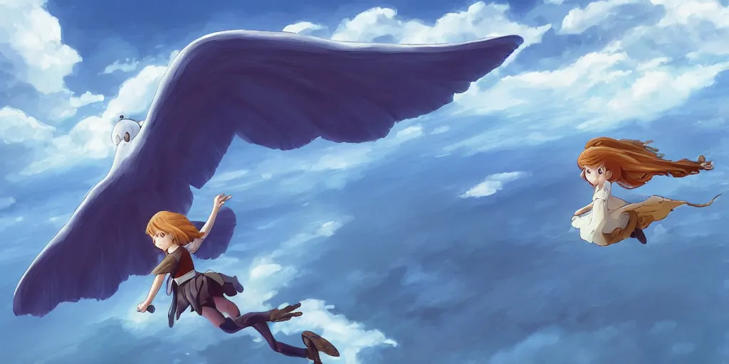 Prompt: A girl flying with a bird-shaped white glider over the clowds, Nausicaa of the Valley of the Wind, Miyazaki Hayao, ghibli style, highly detailed, digital painting, concept art, sharp focus, illustration, anime, trending on artstaion