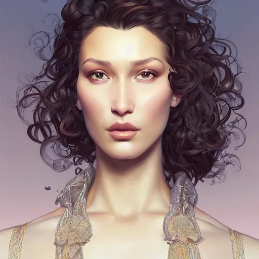 Image similar to ultra realistic illustration, bella hadid with a curly english mustache, intricate, elegant, highly detailed, digital painting, artstation, concept art, smooth, sharp focus, illustration, art by artgerm and greg rutkowski and alphonse mucha