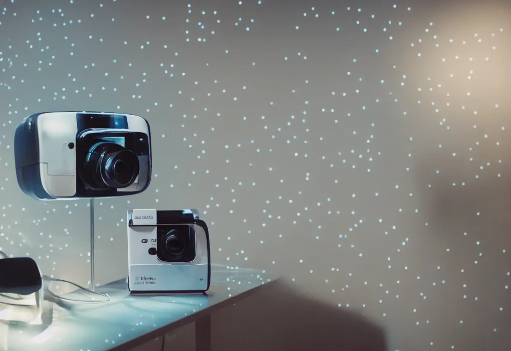 Prompt: curved transparent television, volumetric lighting, bedroom, visor, users, pair of keycards on table, bokeh, creterion collection, shot on 7 0 mm, instax