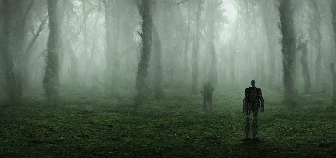 Image similar to a humans perspective of a complex organic fractal 3 d metallic symbiotic ceramic humanoid megastructure creature in a swampy lush forest, foggy, cinematic shot, photo still from movie by denis villeneuve