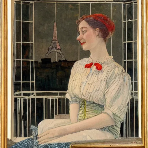 Prompt: a young edwardian woman sits in a window overlooking paris with the eiffel tower visible in the background, the moon is behind the eiffel tower, it's nighttime, in the style of Carl Larsson