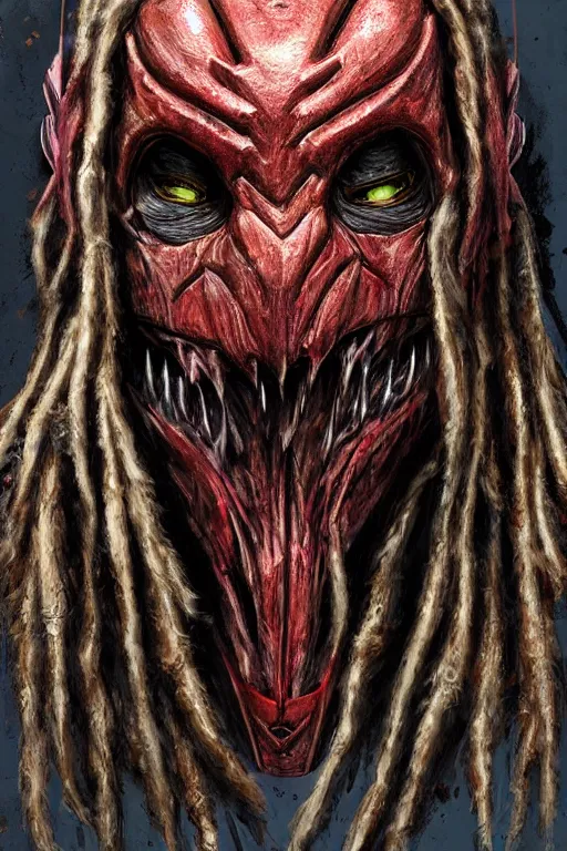 Image similar to predator 1 9 8 7 mask redesign, portrait, highly detailed, dreadlocks, mandables, digital painting, trending on artstation, concept art, illustration