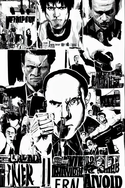 Image similar to black and white illustration of Pulp fiction, neo noir style, Frank Miller creative design, body horror