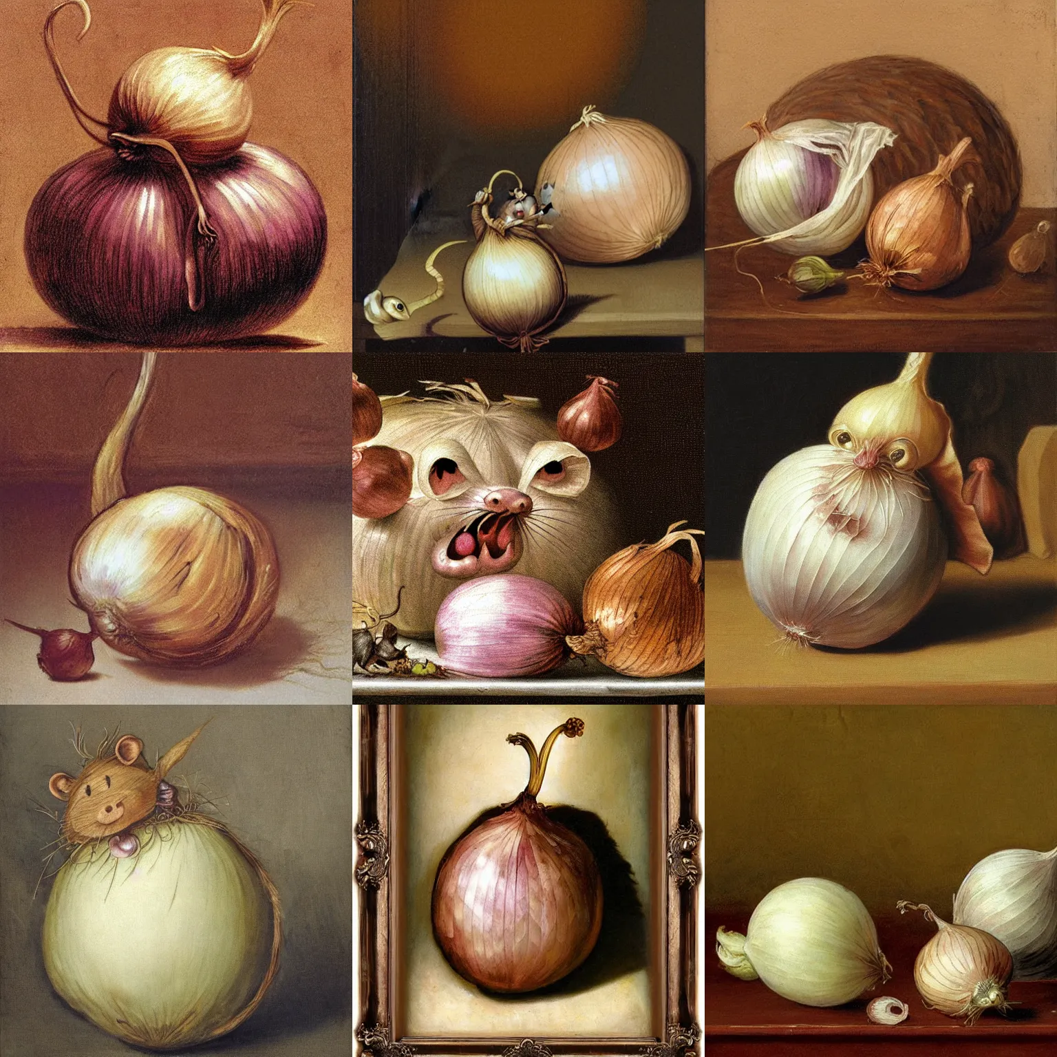 Prompt: onion rat, baroque painting, surrounding onions, furry onion with a rat face