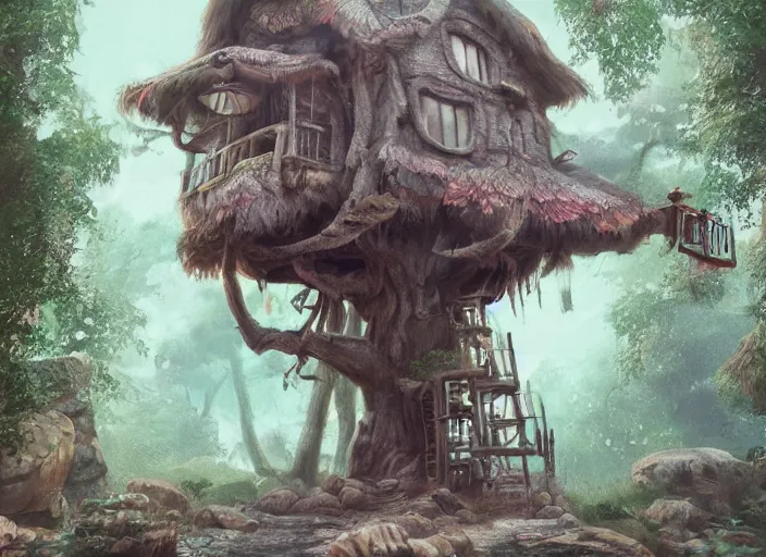 Image similar to detailed full body concept art illustration pastel painting of a treehouse, ultra detailed, digital art, octane render, dystopian, micro detail 4k