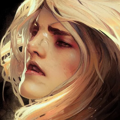 Prompt: digital character concept art by artgerm and greg rutkowski and alphonse mucha. closeup open female mouth, defiant, light effect, 8 k, hyper detailed, intricate, elegant, digital painting, artstation, smooth, sharp focus