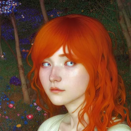 Prompt: A young woman with orange long hair and bangs in shorts and white shirt drawn by Donato Giancola and Makoto Shinkai, Edmund Leighton, Alphonse Mucha, background by James Jean and Gustav Klimt, 4k, porcelain skin, volumetric lighting, komorebi, french nouveau, trending on artstation, octane render, hyperrealistic