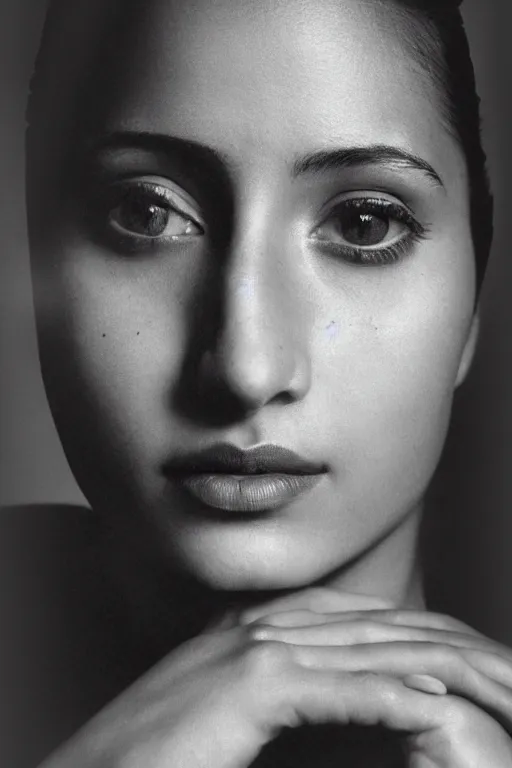 Prompt: photo portrait of salma, head centered portrait, enigmatic, smiling, head in focus, shot with hasselblad, 5 0 mm lens, photography, very soft diffuse lights, by yousuf karsh, fine film grain, dark smoky background