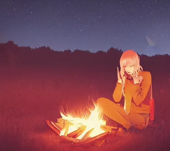 Image similar to woman sitting next to a campfire, cozy, night sky, digital art, highly detailed face, by conrad roset, by wlop, anime style, octane render