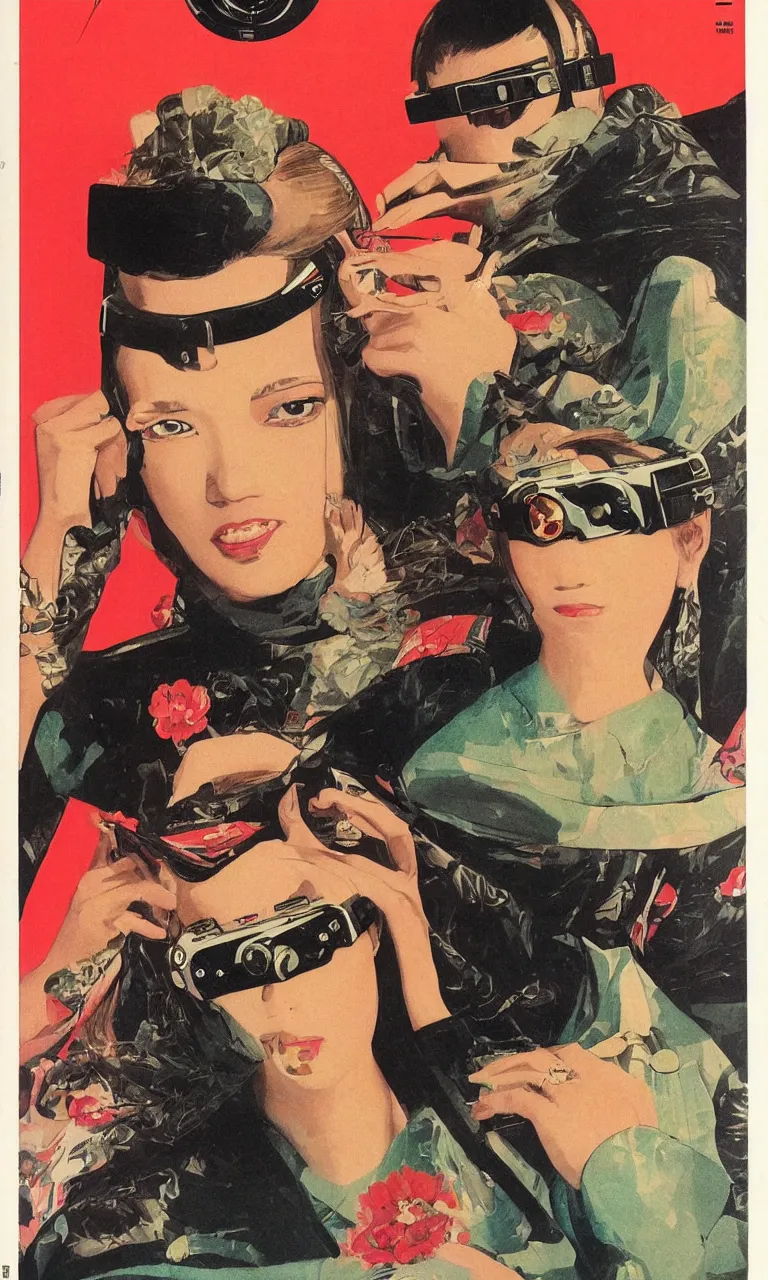 Image similar to 1979 OMNI Magazine Cover depicting a portrait of a Beautiful woman wearing a Gucci kimono and AR goggles, qAkira style by Vincent Di Fate