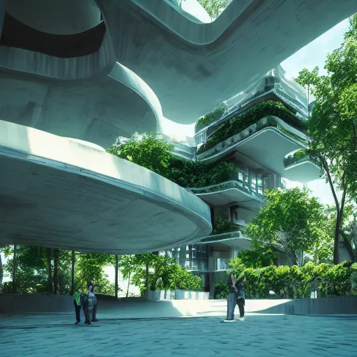 Image similar to sci fi architecture modern design, detailed, greens, blue colors, trees, people, octane render.