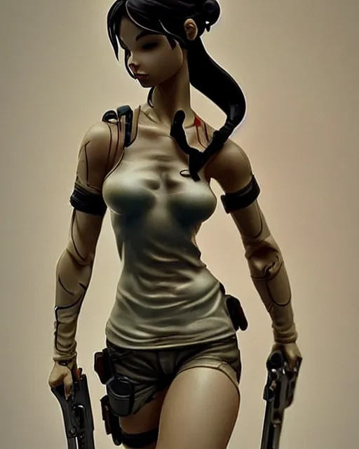 Image similar to james jean isolated vinyl figure pretty lara croft character design, figure photography, dynamic pose, holographic undertones, glitter accents on figure, anime stylized, sharp focus, accurate fictional proportions, high delicate defined details, ethereal lighting