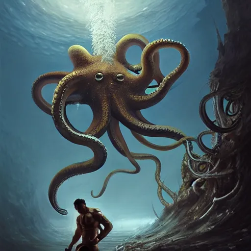 Prompt: a dream fantasy painting of a giant octopus kill a diving man, by beksinki, giger, greg rutkowski, carne griffith trending on artstation, deviantart, photorealism