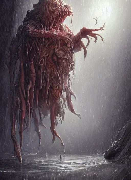 Image similar to digital painting of a wet smily monster in the rain, with translucent skin, veiny, long freaky finger, by filipe pagliuso and justin gerard, fantasy, highly detailed, realistic, intricate, glowing eyes